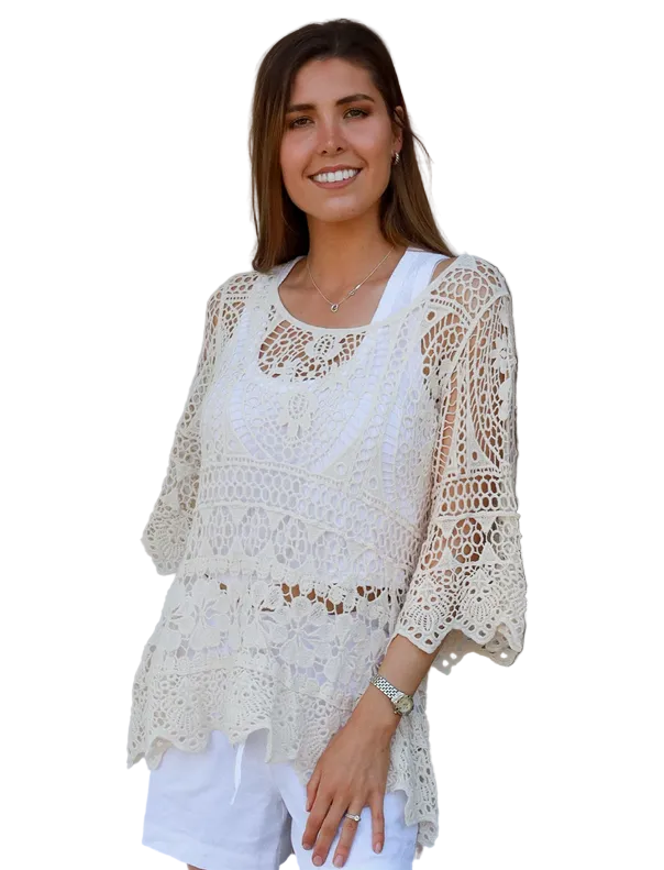 Ladies Cream Willow Crochet Top Size 10 to 14-Hand Picked Imports
