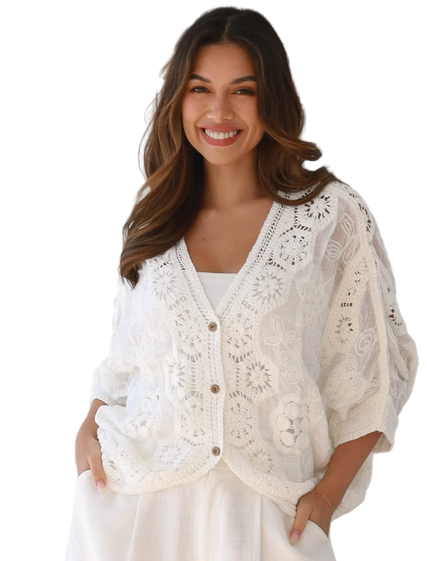 Ladies White Lace Cardigan Size 10 to 12-Hand Picked Imports