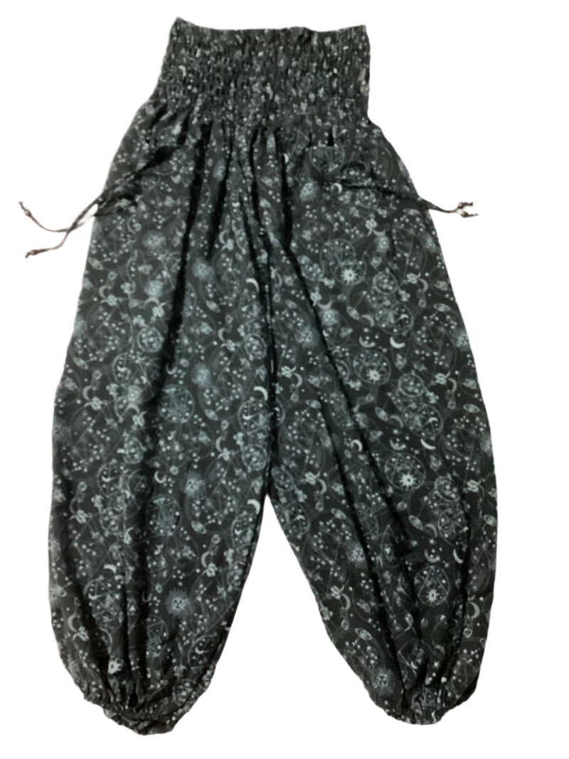 Shirred Waist Wide Leg Stars and Moons Print Happy Pants, Casual, Loose Pants Free Size-Hand Picked Imports
