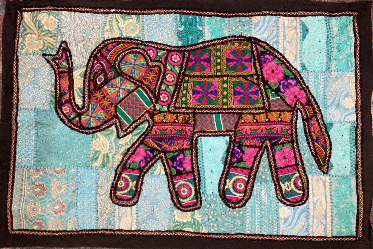 Handmade Indian Wall Hanging Rajasthani Elephant Embroidery Patchwork Tapestry-Hand Picked Imports