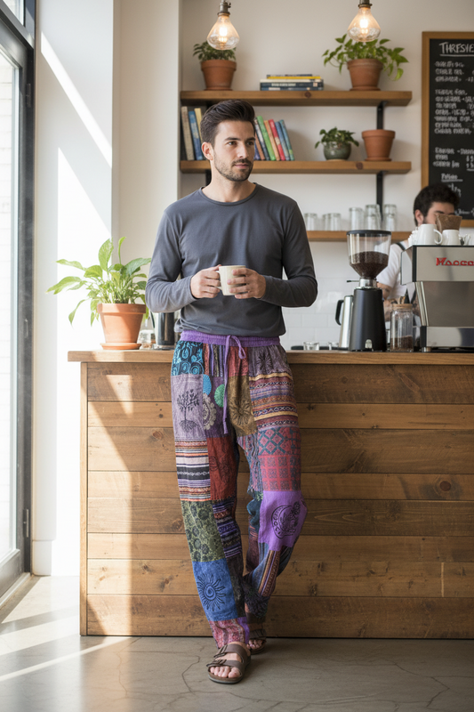 Men's/ Unisex Thick Cotton Winter Patchwork Hippie Pants From Nepal Size Medium-Hand Picked Imports