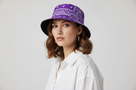 Paisley Purple and White Unisex Reversible Cotton Printed Festival Summer Bucket Hat-Hand Picked Imports