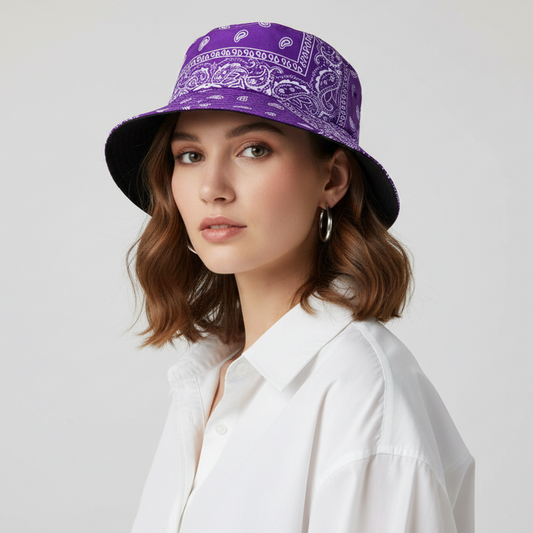 Paisley Purple and White Unisex Reversible Cotton Printed Festival Summer Bucket Hat-Hand Picked Imports