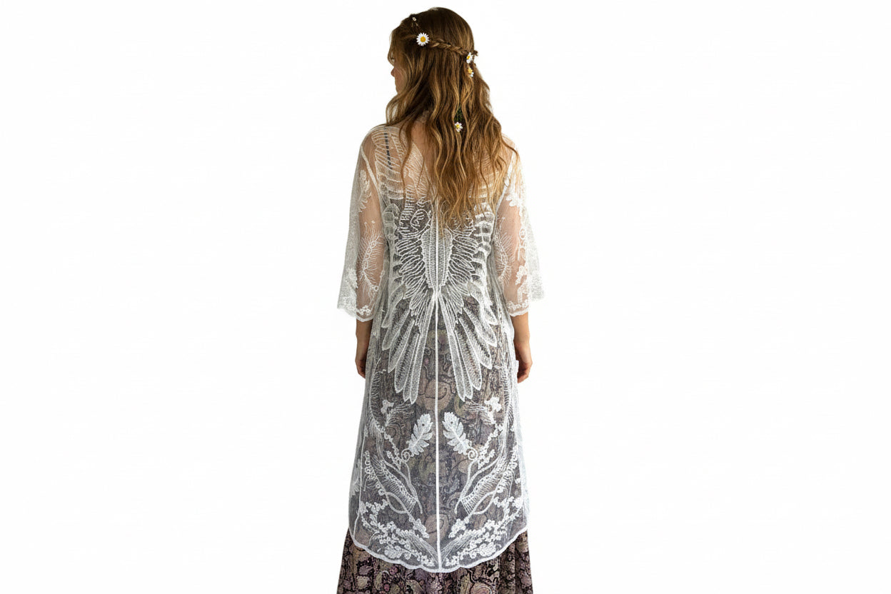 Ladies Long White Lace Kimono Size 10 to 14-Hand Picked Imports