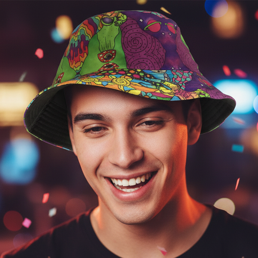Groovey Unisex Reversible Cotton Printed Trippy Festival Bucket Hat-Hand Picked Imports