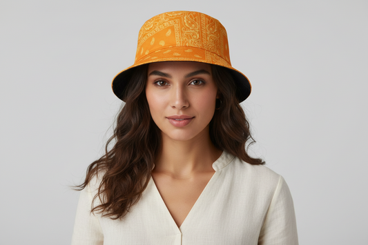 Funky Unisex Reversible Orange Paisley Printed Festival Party Bucket Hat-Hand Picked Imports