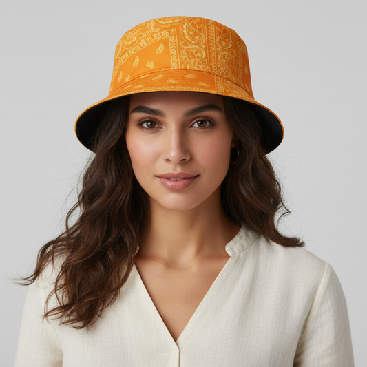 Funky Unisex Reversible Orange Paisley Printed Festival Party Bucket Hat-Hand Picked Imports