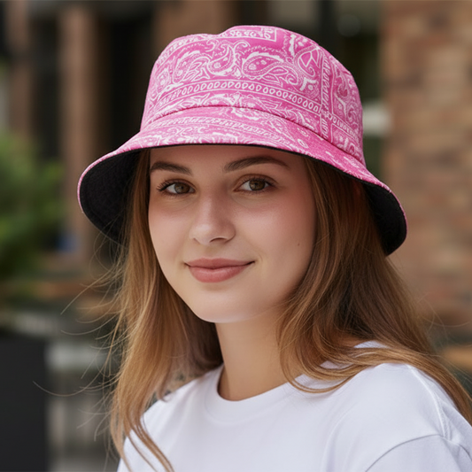 Funky Unisex Reversible Pink Paisley Printed Festival Party Bucket Hat-Hand Picked Imports