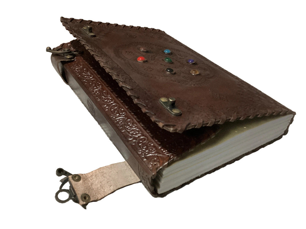 Large Medieval Embossed Leather Journal Handmade Paper with Chakra Stones-Hand Picked Imports