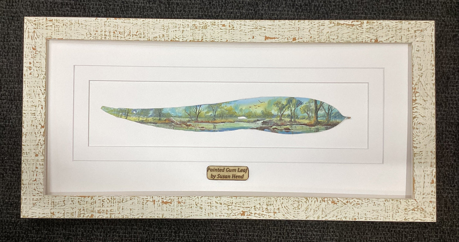 Water Scene Hand Painted Gum Leaf By Artist Sue Hend Russell-Hand Picked Imports