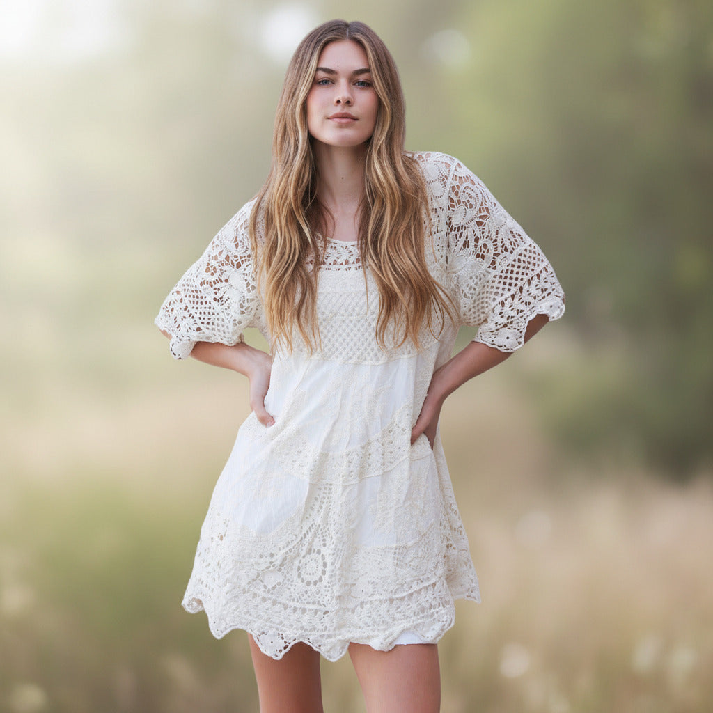 Ladies Cream or White Coloured Baby Doll Crochet Cotton Dress Sizes 10 to 14 by Willow-Hand Picked Imports