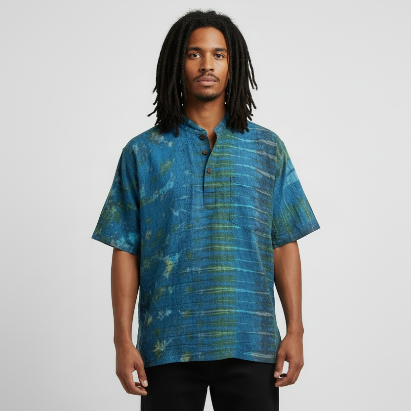 Men's Blue Tie Dyed Short Sleeve BoHo Hippie Shirt-Hand Picked Imports