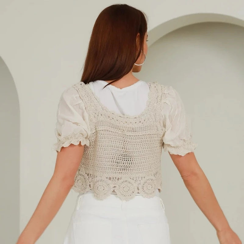 Ladies Cream & Green Lace Top Size 6 to 10-Hand Picked Imports