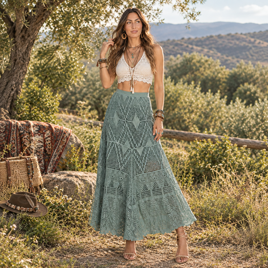 Ladies Long Green Lace Skirt Size 10 to 14-Hand Picked Imports