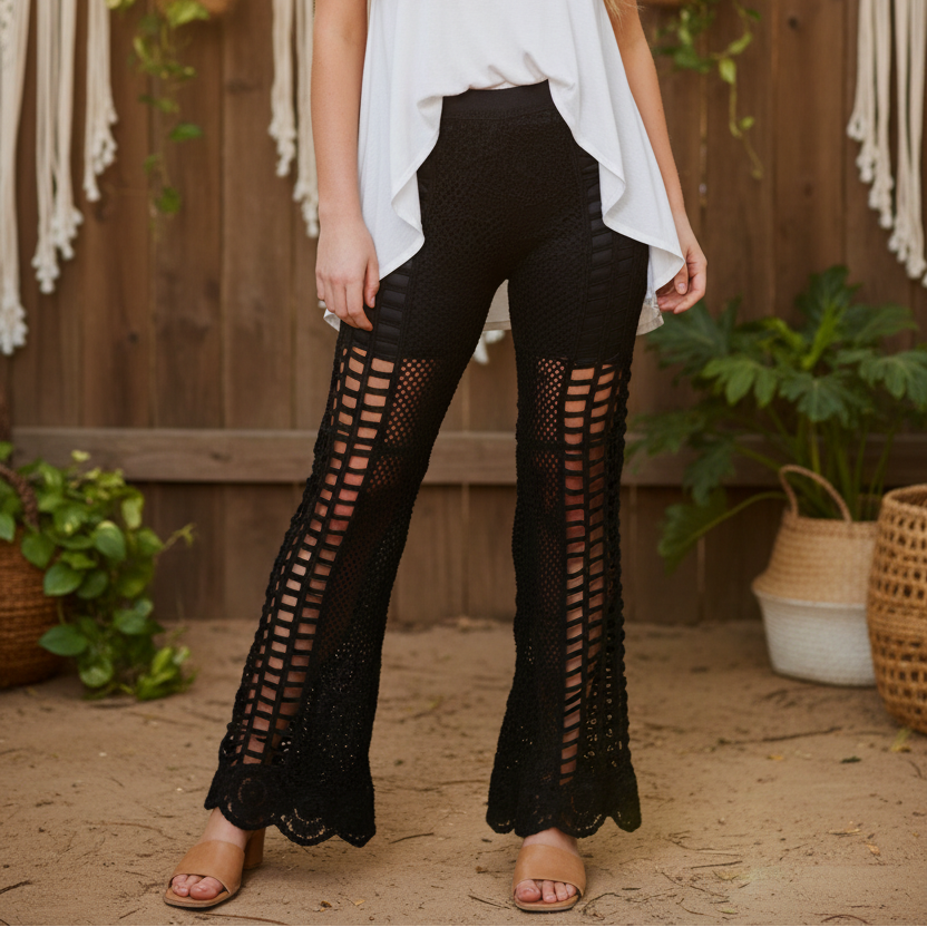 Ladies Long Boho Black Crochet Pants Size 8 to 10-Hand Picked Imports
