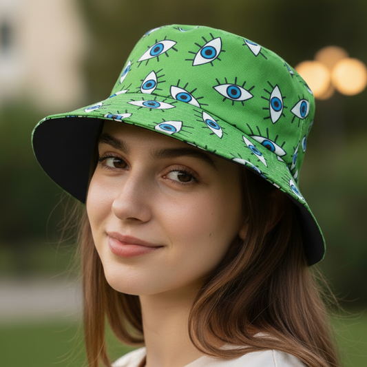 Reversible Black or Green Cotton Printed Eye of Protection Bucket Hats-Hand Picked Imports