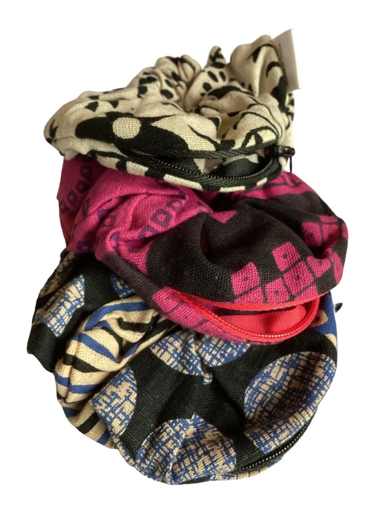 3Pc Hippie BoHo Cotton Scrunchies with Secret Pocket/ Zipper Made in India-Hand Picked Imports