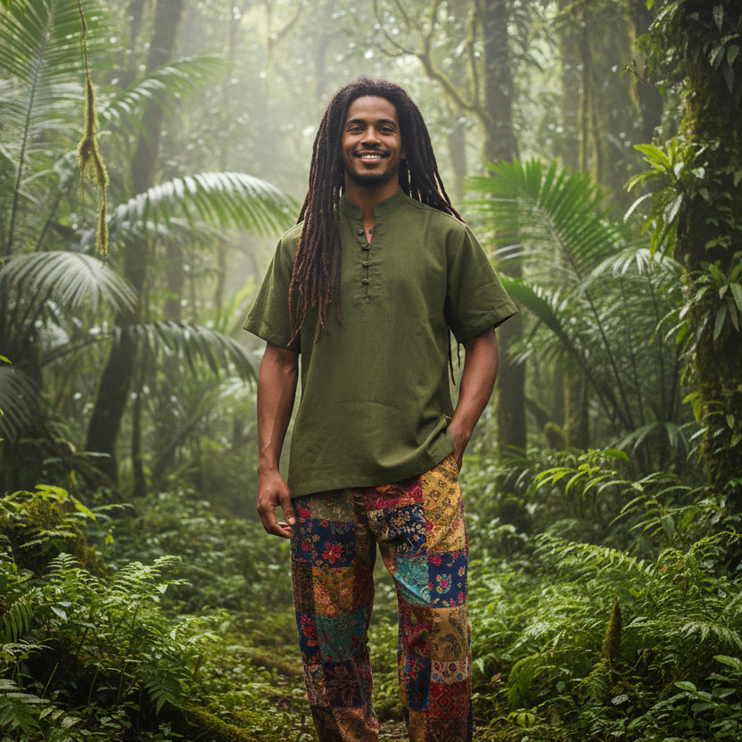 Men's/Unisex Short Sleeve Green Hemp Shirt with Grandpa Collar-Hand Picked Imports