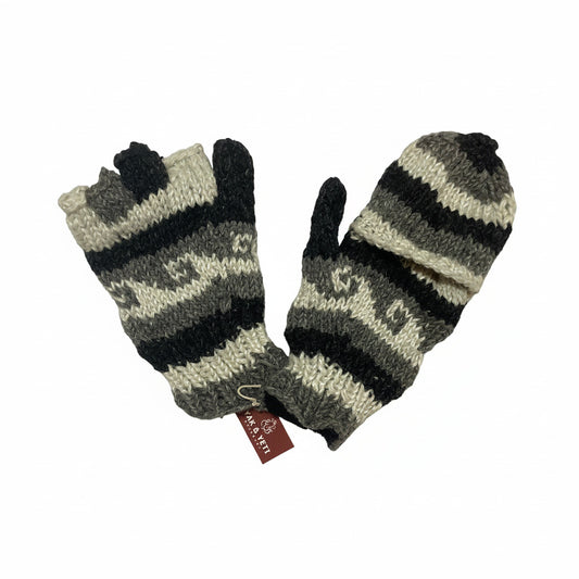 Knitted Woolen Half Finger Gloves Black, Gray & White-Hand Picked Imports