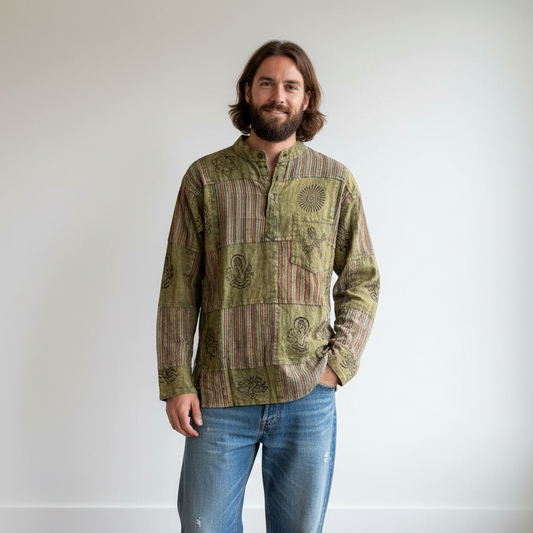 Men's Cotton Long sleeve Patchwork Hippie Shirt Made in Nepal size Small or Medium-Hand Picked Imports
