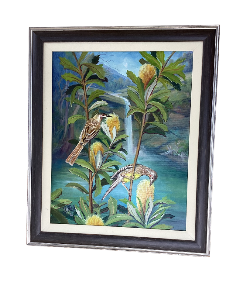 Original Hand Painted Wattle Birds Framed Canvas Painting 64cm H X 53cm W-Hand Picked Imports