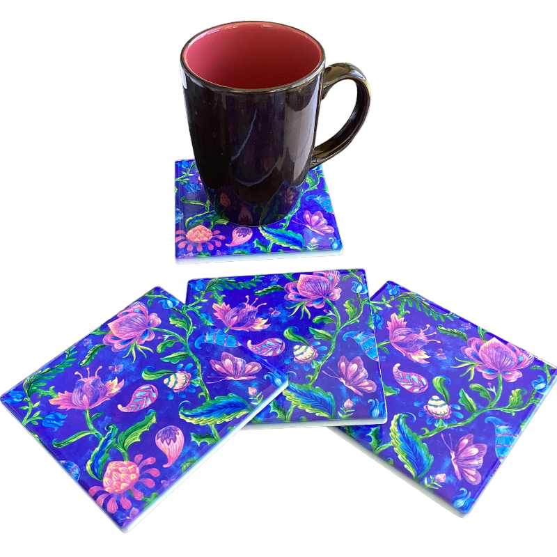 Set of 4 Ceramic Flower Coasters Size: 10.5cm x10.5cm-Hand Picked Imports