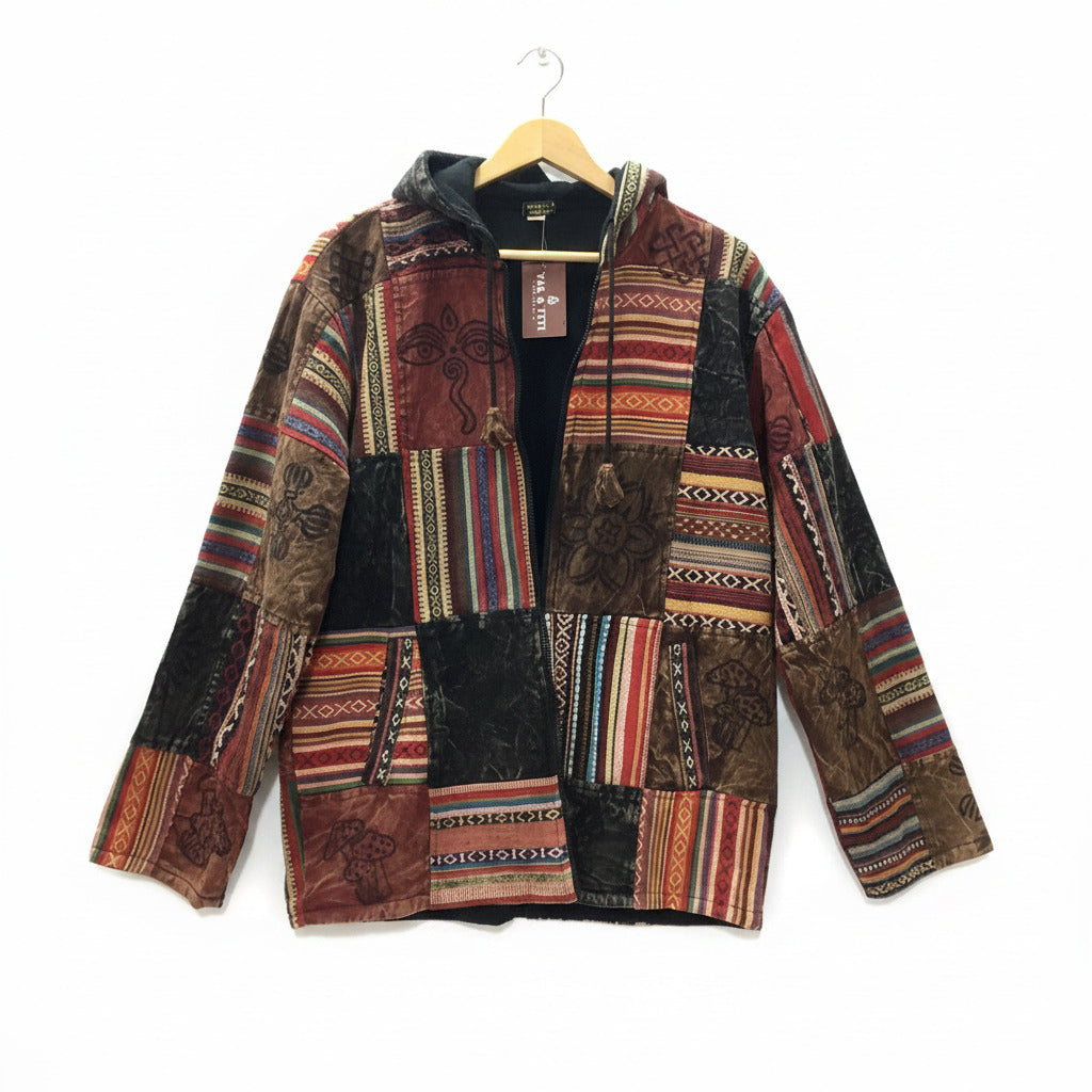Unisex Red Cotton Lined Winter Patchwork Hippie Festival Jacket Size L-Hand Picked Imports