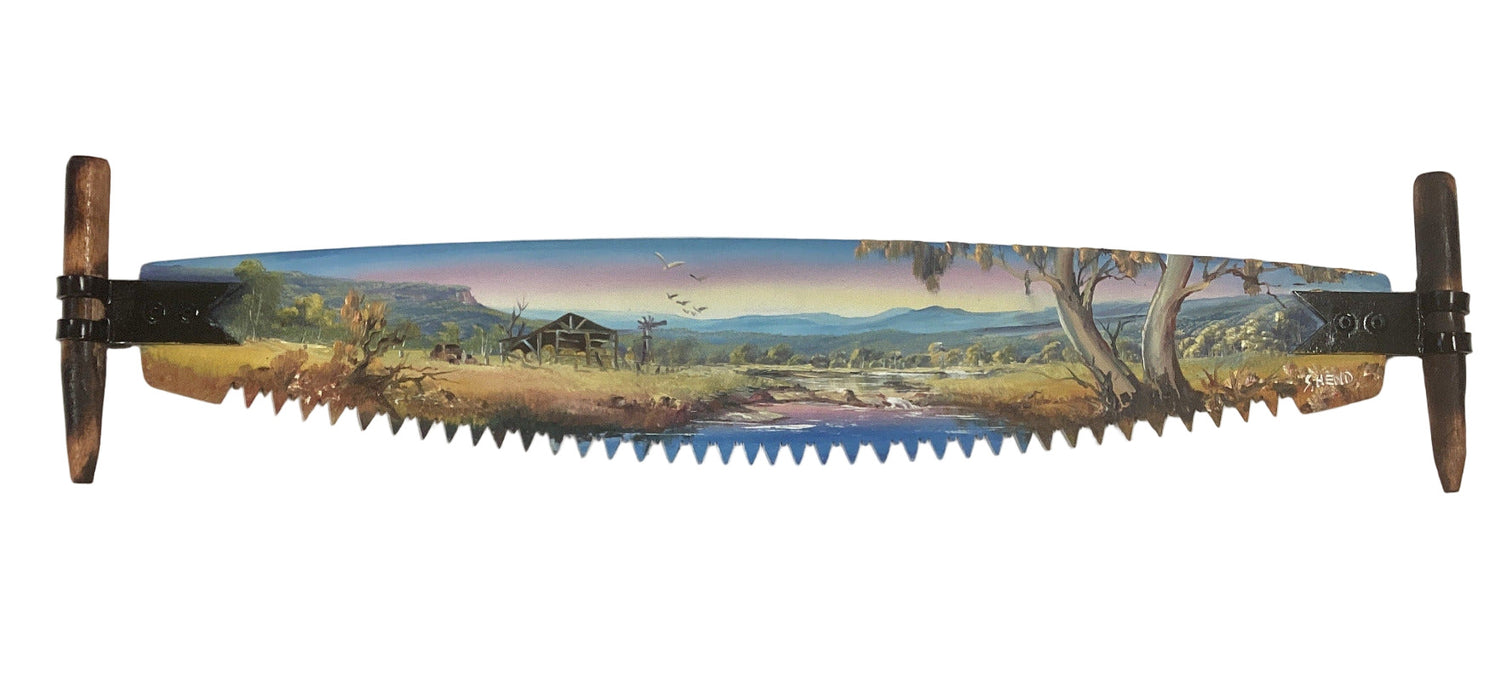 "Woolshed" By Artist Susan Hend Russell Hand Painted Miniature Crosscut Saw 66 x 11 cm-Hand Picked Imports