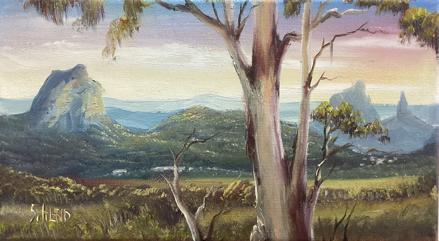 Glass House Mountains Mini Oil Painting On Stretched Canvas 10x 5” By Susan Hend Russell-Hand Picked Imports