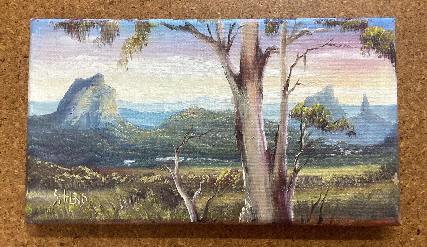 Glass House Mountains Mini Oil Painting On Stretched Canvas 10x 5” By Susan Hend Russell-Hand Picked Imports