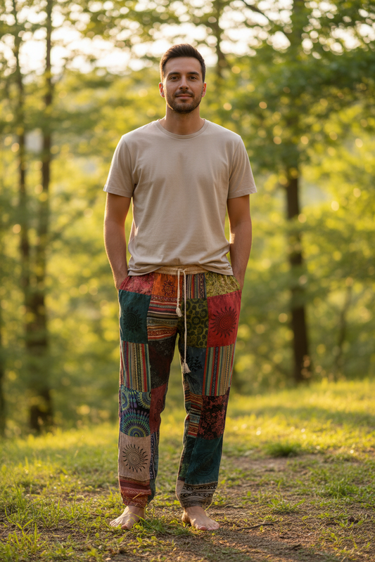 Men's/ Unisex Thick Cotton Size Large Winter Patchwork Hippie Pants From Nepal-Hand Picked Imports