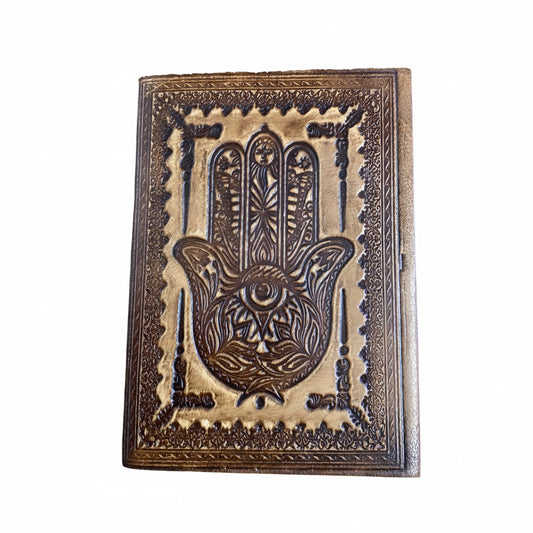 Small Hand of Fatima Embossed Leather Journal Handmade paper from India-Hand Picked Imports