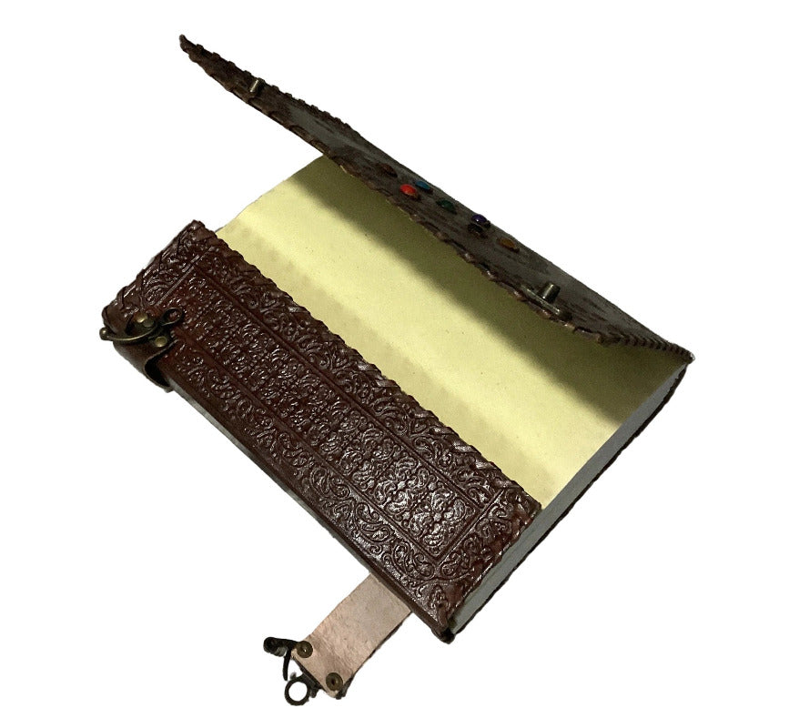 Large Medieval Embossed Leather Journal Handmade Paper with Chakra Stones-Hand Picked Imports