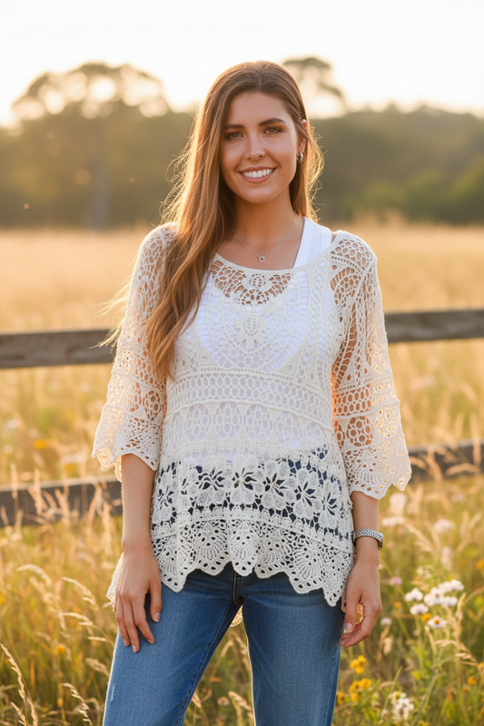 Ladies Cream Willow Crochet Top Size 10 to 14-Hand Picked Imports