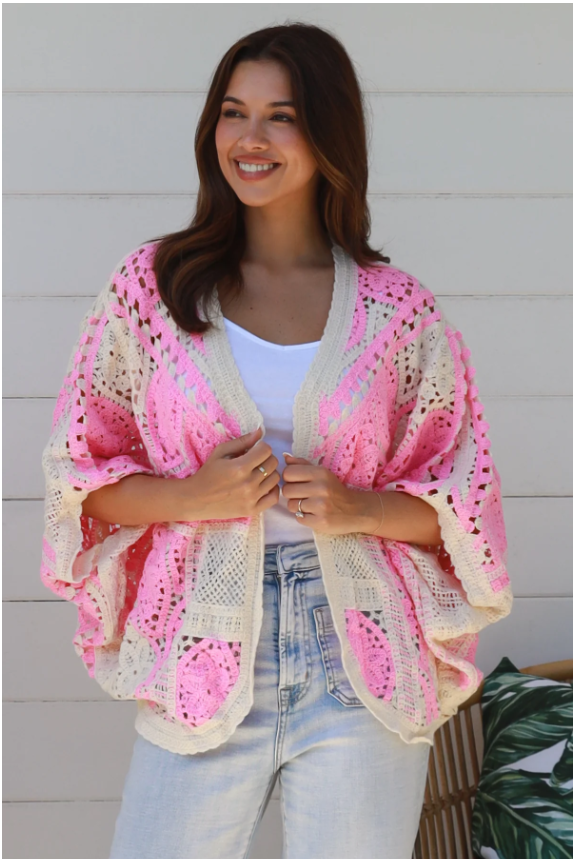 Pink & Cream Granny Square Crochet Cardigan – Free Size-Hand Picked Imports