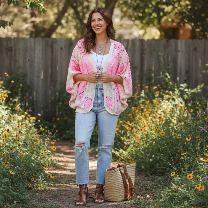 Pink & Cream Granny Square Crochet Cardigan – Free Size-Hand Picked Imports