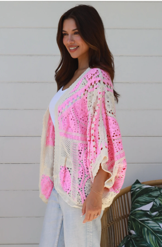 Pink & Cream Granny Square Crochet Cardigan – Free Size-Hand Picked Imports