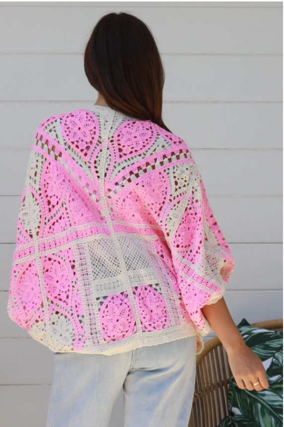 Pink & Cream Granny Square Crochet Cardigan – Free Size-Hand Picked Imports