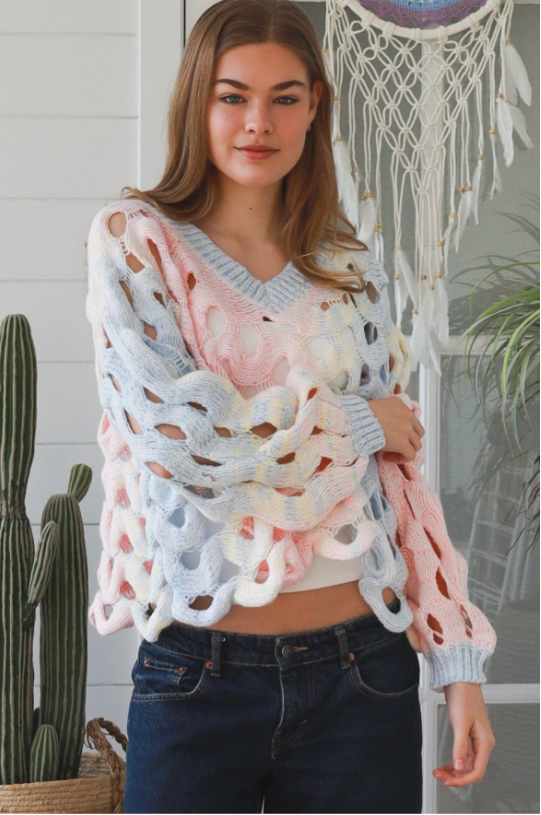 Ladies Soft Spring Rainbow Pastels BoHo Loose Knit Jumper Free Size-Hand Picked Imports