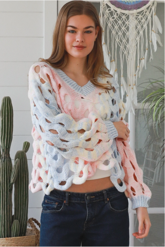 Ladies Soft Spring Rainbow Pastels BoHo Loose Knit Jumper Free Size-Hand Picked Imports