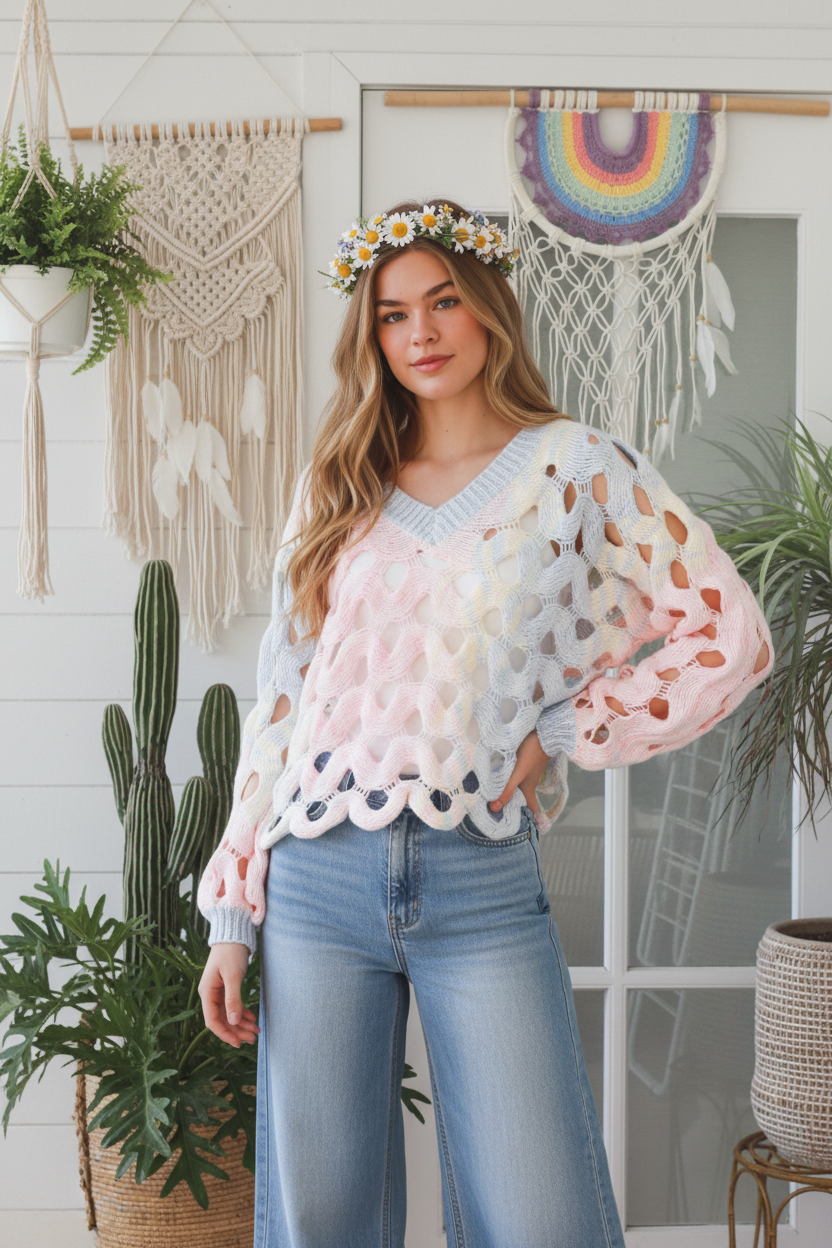 Ladies Soft Spring Rainbow Pastels BoHo Loose Knit Jumper Free Size-Hand Picked Imports