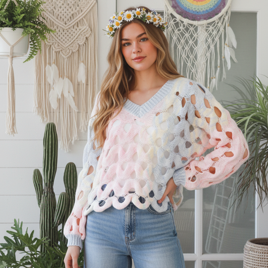 Ladies Soft Spring Rainbow Pastels BoHo Loose Knit Jumper Free Size-Hand Picked Imports