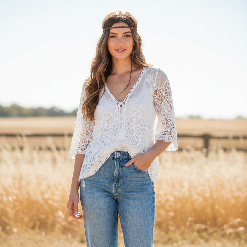 Ladies White Willow Crochet Top Size 10 to 14-Hand Picked Imports
