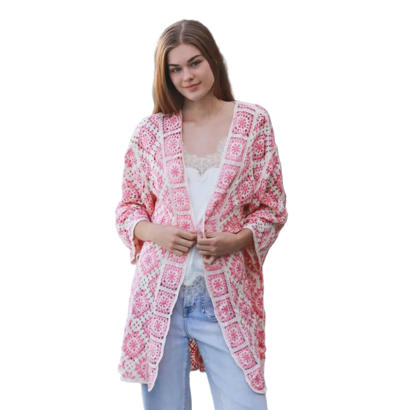Ladies Pink Crochet Cardigan Top - Size Medium-Hand Picked Imports