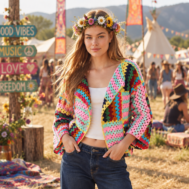 Multi Coloured Granny Square Crochet Cardigan – Free Size-Hand Picked Imports