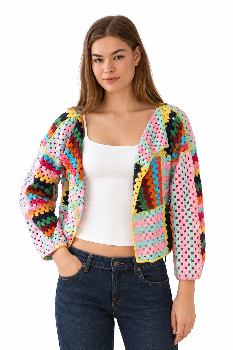 Multi Coloured Granny Square Crochet Cardigan – Free Size-Hand Picked Imports