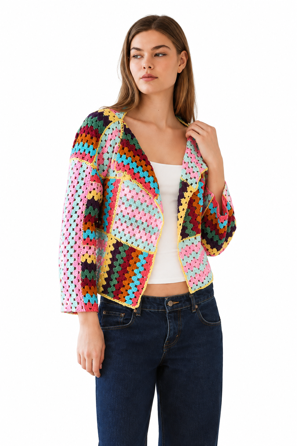 Multi Coloured Granny Square Crochet Cardigan – Free Size-Hand Picked Imports