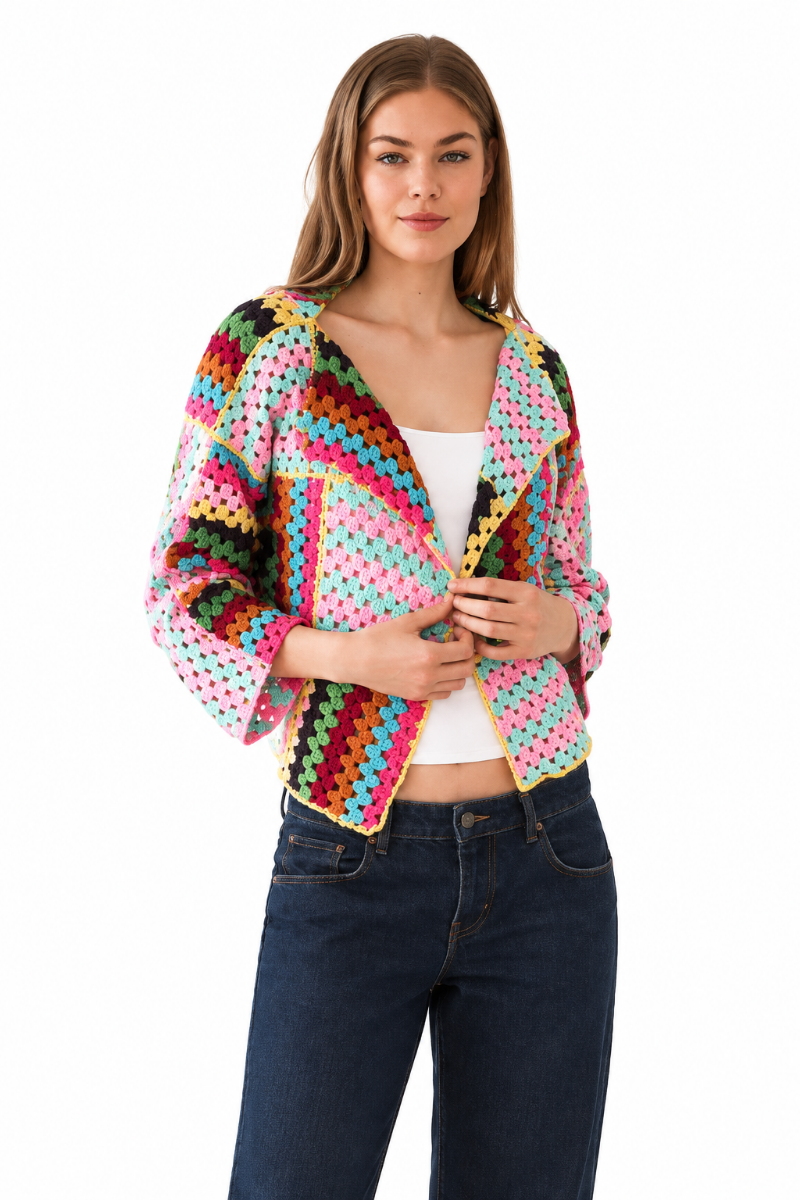 Multi Coloured Granny Square Crochet Cardigan – Free Size-Hand Picked Imports