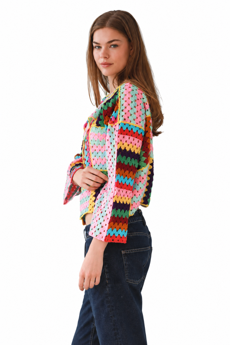 Multi Coloured Granny Square Crochet Cardigan – Free Size-Hand Picked Imports