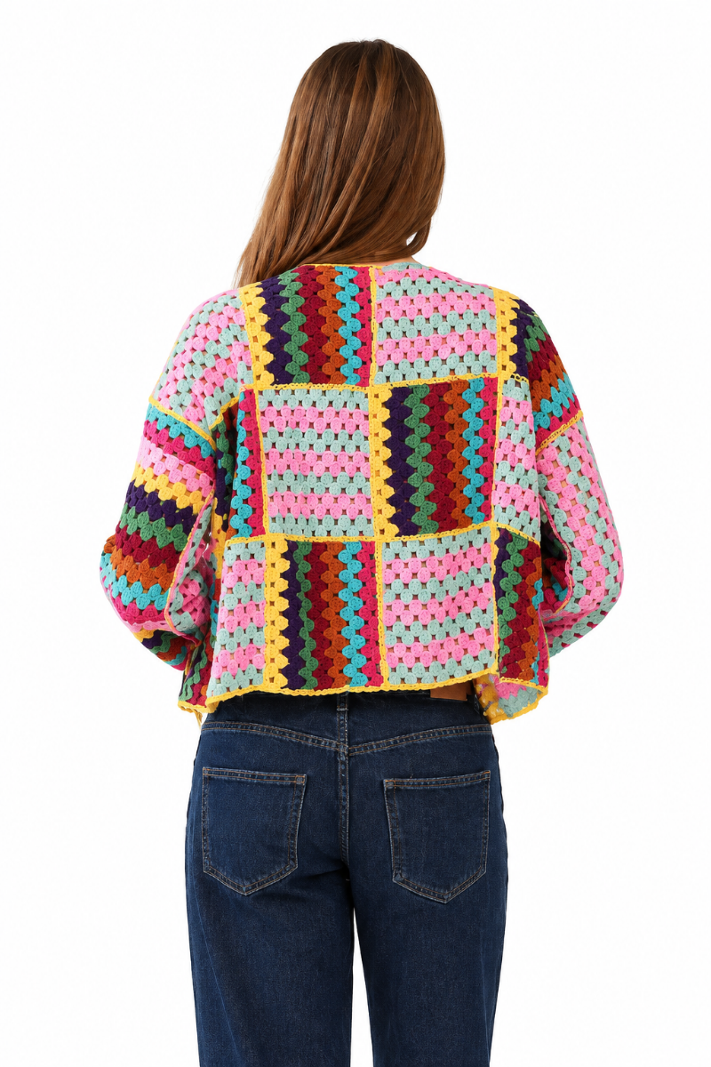 Multi Coloured Granny Square Crochet Cardigan – Free Size-Hand Picked Imports